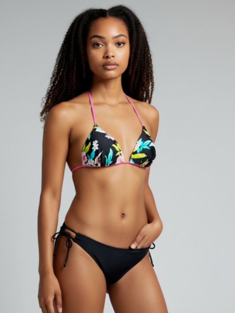Arizona Jeans 2 Piece Bikini-Size L-Adjustable Black Bottoms-Floral Top